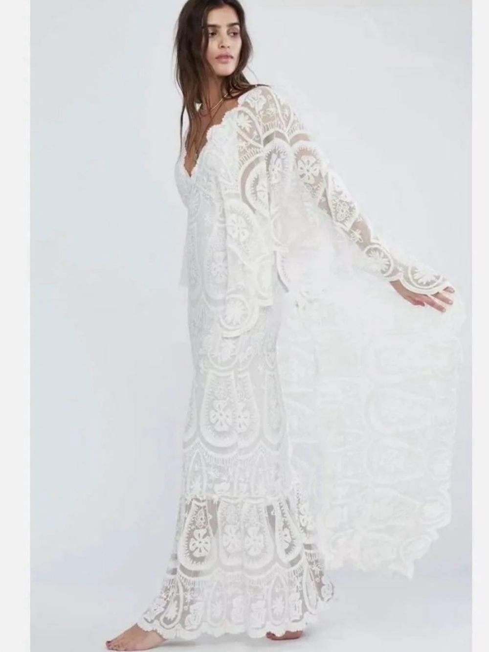 Free People x Jen’s Pirate Booty Swan Song Lace Wing Maxi Dress